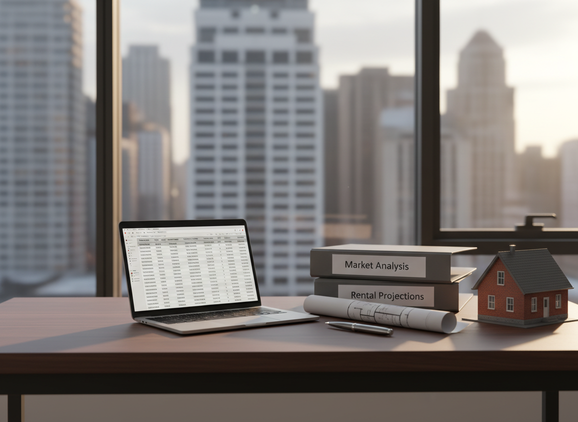 A meticulously staged modern home office dedicated to real estate investing, featuring a large dark-wood desk with a matte finish, an open silver laptop displaying a detailed property cash-flow spreadsheet, and neatly stacked binders labeled “Market Analysis” and “Rental Projections.” A crisp architectural floor plan lies partially unrolled beside a heavy chrome pen and a small model house with realistic textures of brick and slate roof. The setting is a bright, high-floor urban apartment with a panoramic window revealing a soft-focus city skyline. Late-afternoon natural light pours in, creating gentle highlights on the laptop and subtle shadows across the desk. Photographic realism, eye-level composition with shallow depth of field, clean and professional mood, emphasizing clarity, organization, and long-term financial focus.