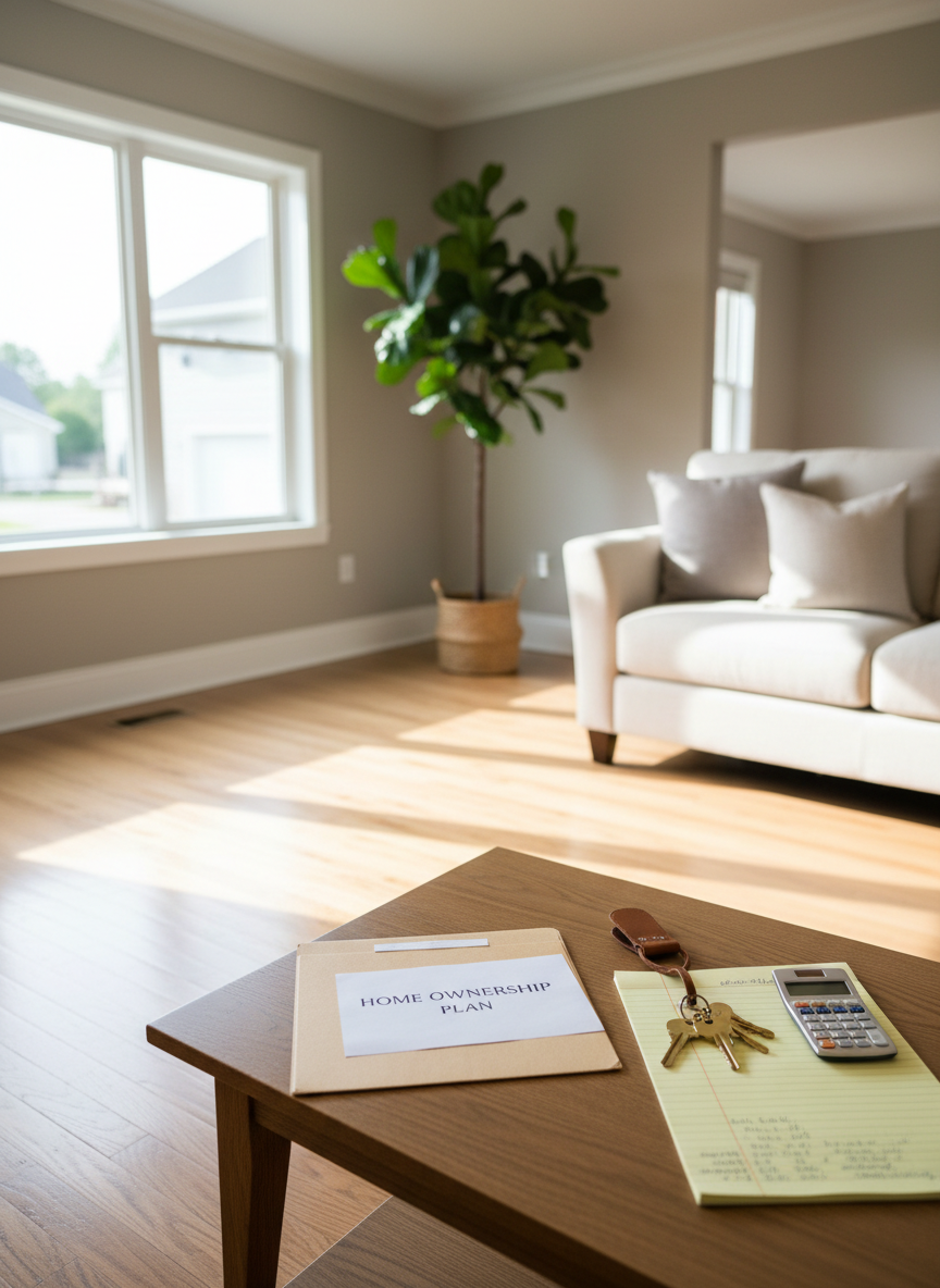 A spacious, sunlit living room in a recently renovated suburban home, captured in photographic realism, with pristine hardwood floors, freshly painted warm-gray walls, and crisp white baseboards. A polished oak coffee table holds a neatly arranged folder labeled “Home Ownership Plan,” a set of gleaming brass house keys on a leather keychain, and a slim calculator beside a yellow legal pad filled with clear, handwritten mortgage figures. Floor-to-ceiling windows allow soft morning light to flood the room, creating a calm, inviting atmosphere with gentle shadows stretching across the floor. Shot from a slightly elevated angle using the rule of thirds, the composition keeps the financial tools in sharp focus while the background sofa, neutral cushions, and a potted fiddle-leaf fig plant blur softly, suggesting stability, comfort, and disciplined planning.