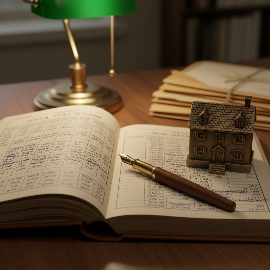 A detailed, close-up photographic image of a well-worn, leather-bound real estate ledger book lying open on a polished walnut table. The visible page shows carefully ruled columns of rental income, expenses, and net profit, written with precise, dark blue ink. A vintage brass fountain pen rests diagonally across the page, and beside it sits a small, weighty bronze paperweight shaped like a classic two-story house with visible windows, roof shingles, and a tiny chimney. Warm desk-lamp lighting from the upper left casts a golden, focused glow, creating subtle reflections on the pen and gentle shadows in the ledger’s page creases. The background is softly blurred, hinting at an old-fashioned green banker’s lamp and a stack of property folders. Mood is reflective, professional, and timeless, evoking decades of accumulated real estate wisdom.